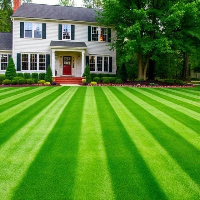 Beautiful Columbia lawn with professional straight striping pattern showing distinct light and dark green alternating stripes resembling baseball field