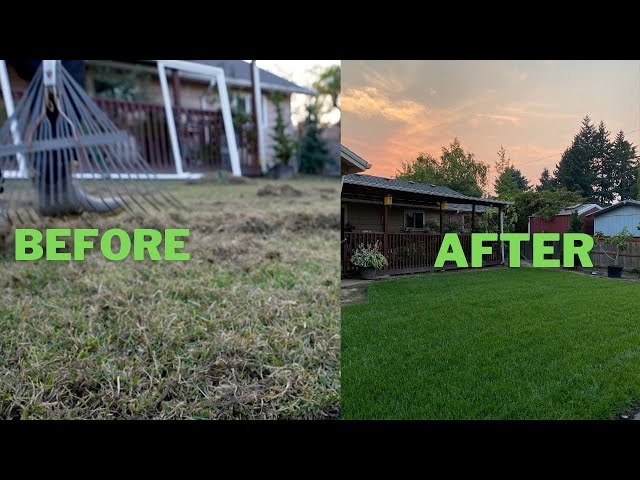 Before/after showing winter-worn Columbia property vs fresh, clean spring cleanup revealing vibrant green grass
