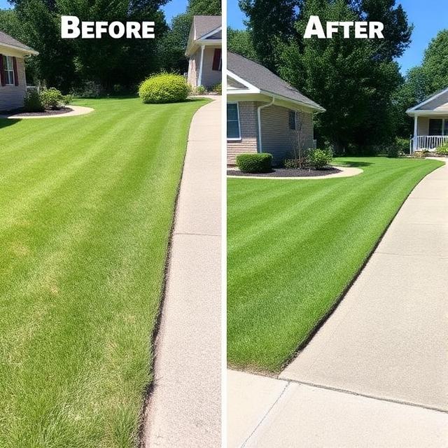 Before and after comparison showing fuzzy undefined lawn border on left versus crisp power-edged border along driveway on right in Ellicott City