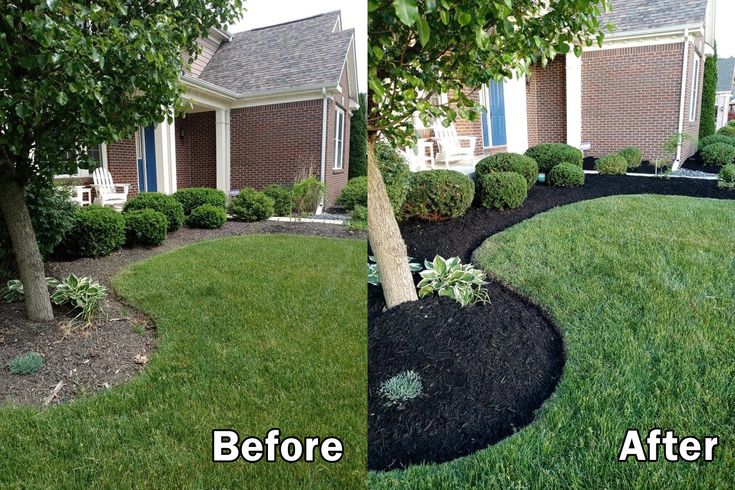 Before and after comparison showing fresh mulch installation in Columbia garden bed