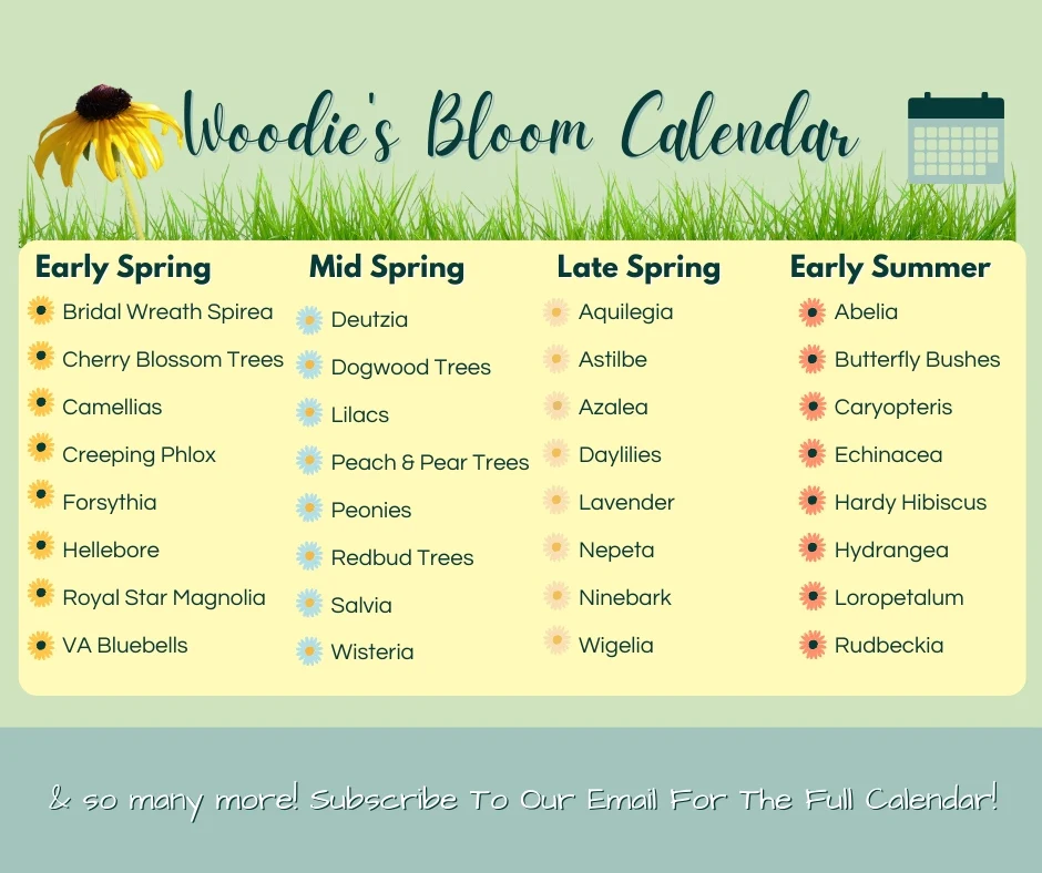 Calendar showing optimal March-April spring mulch timing with blooming flowers