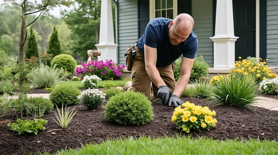 Professional crew planting flowering shrub in prepared Columbia garden bed