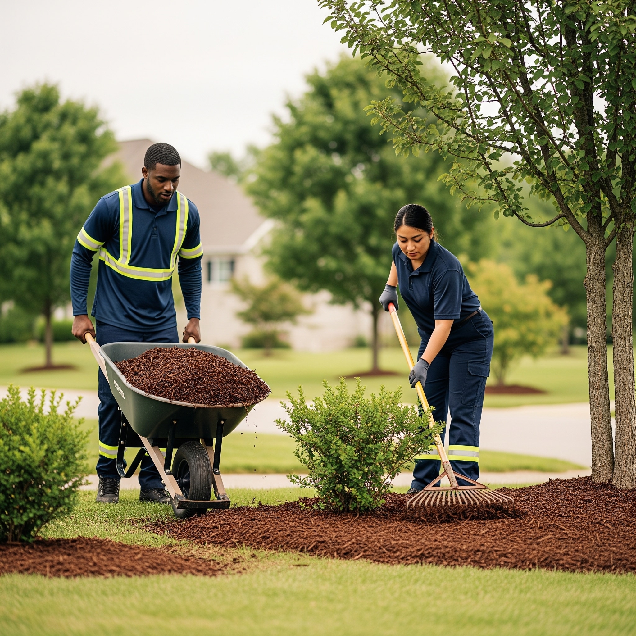 Professional crew spreading fresh brown mulch in Columbia garden bed with defined edges
