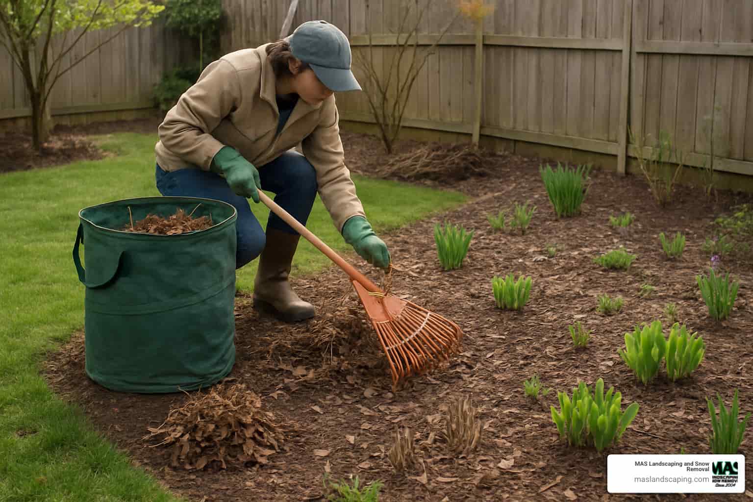 Calendar showing March-April optimal spring cleanup timing coordinated with fertilization and mulch services