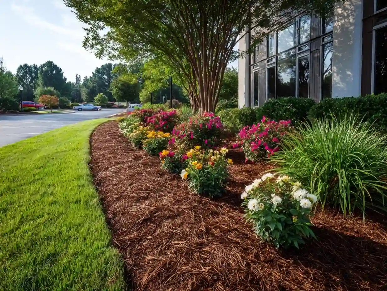Well-maintained garden bed with vibrant flowers, fresh mulch, and clean edges showing professional care