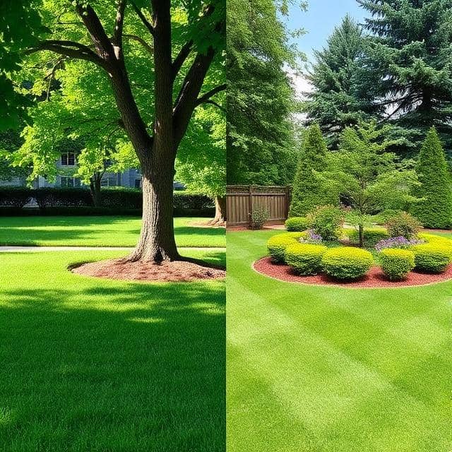 Split view showing untrimmed lawn with tall grass rings around trees on left versus professionally trimmed lawn with clean borders around all obstacles on right in Ellicott City
